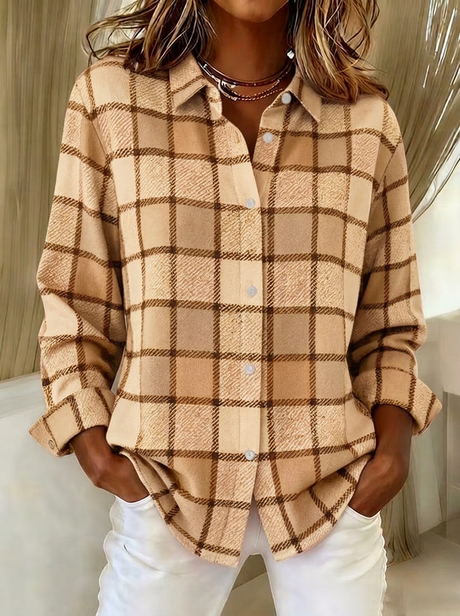 Women's Autumn Casual Orange Plaid Printed Button-down Shirt
