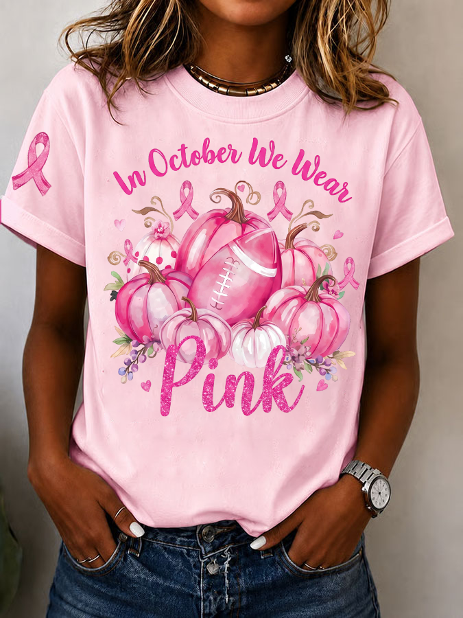 Women's In October We Wear Pink Printed Casual T-Shirt