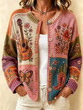 Women'S Pink Western Style Butterfly Flower Pattern Cardigan
