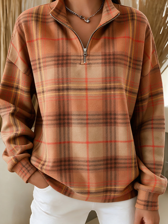 Women'S Plaid Printed Zipper Sweatshirt