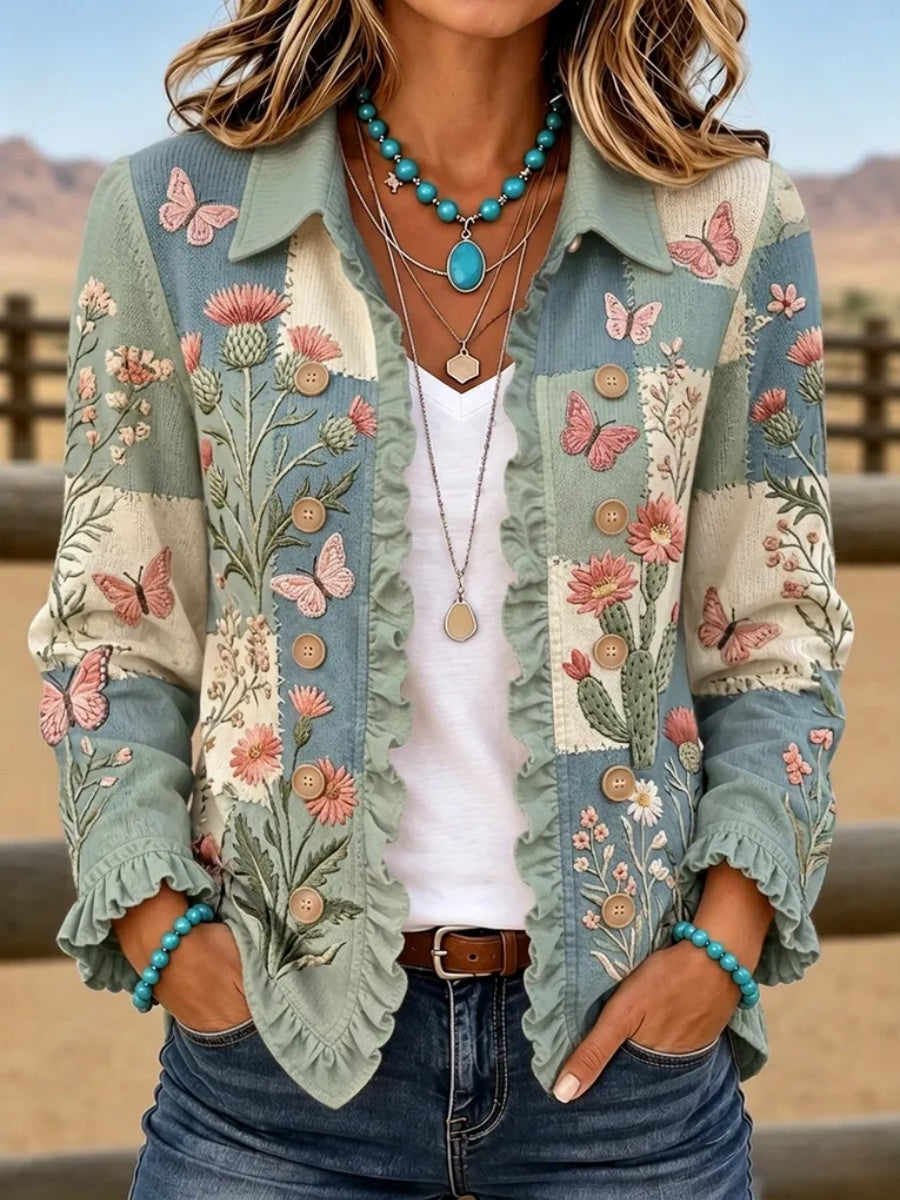 Women'S Retro Floral & Butterfly Pattern Casual Ruffled Jacket