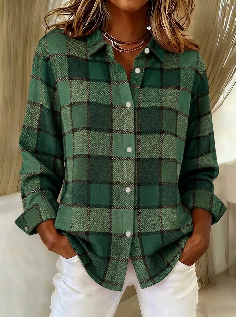 Women's Autumn Casual Orange Plaid Printed Button-down Shirt