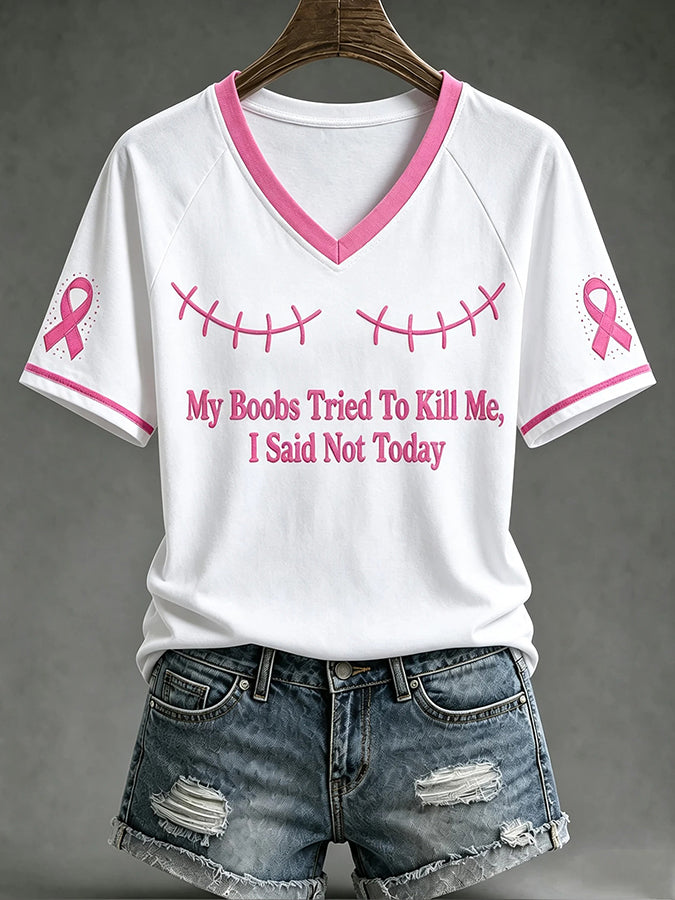 Women'S Casual Retro Breast Cancer Print T-Shirt