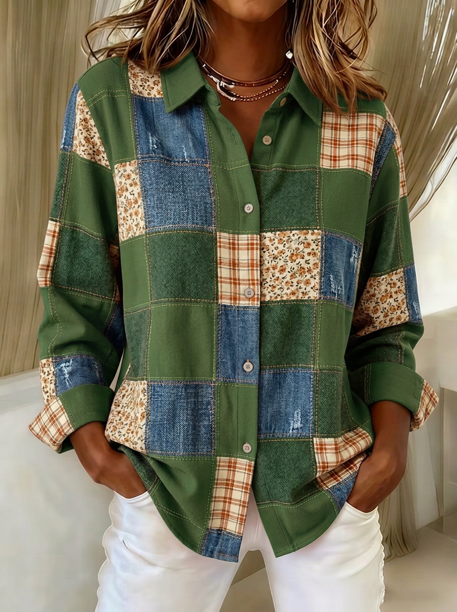 Women's Autumn Aesthetic Patchwork Floral Plaid Printed Shirt
