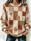 Women's Fall Floral Printed Round Neck Checkered Sports Shirt