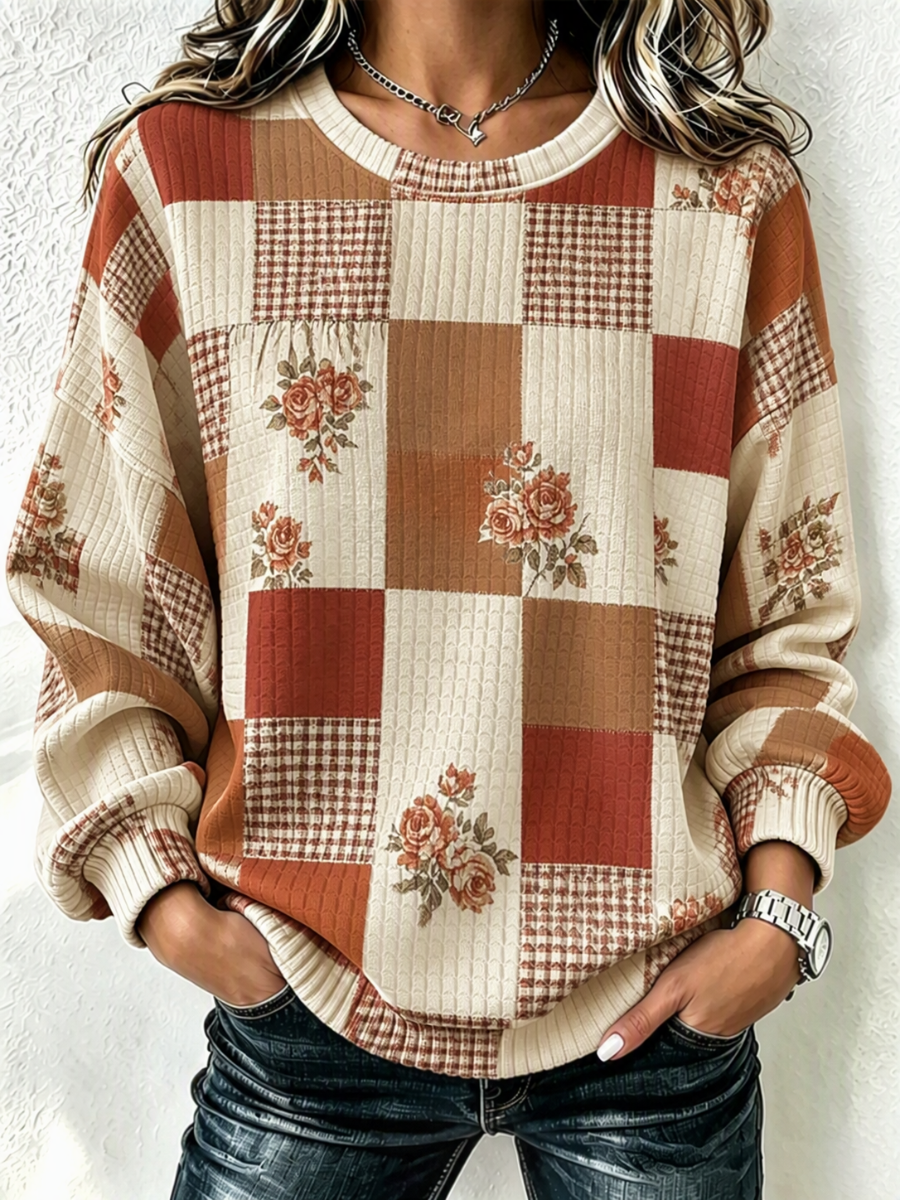 Women's Fall Floral Printed Round Neck Checkered Sports Shirt