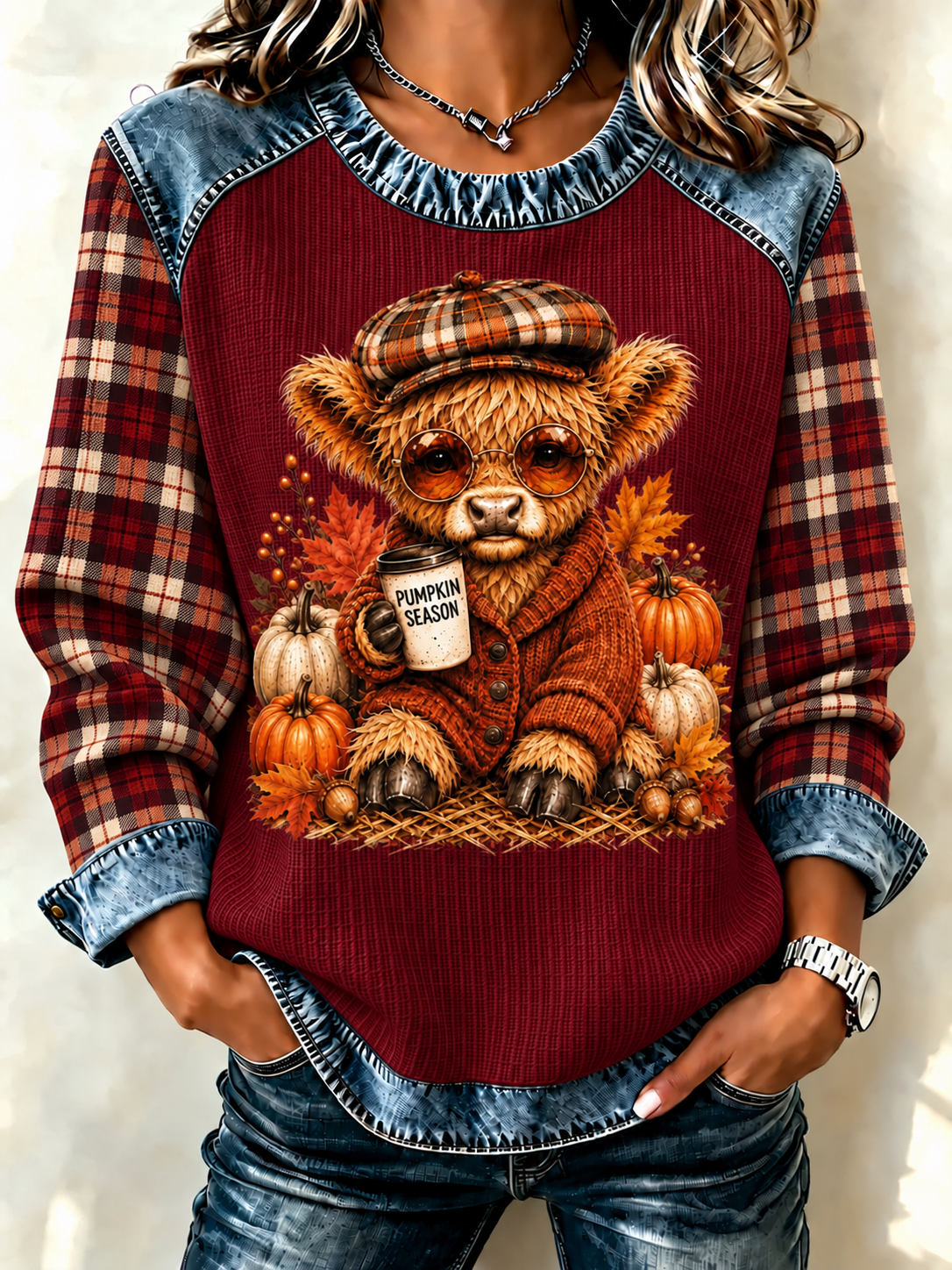 Women's Retro Highland Cattle Print Casual Long Sleeved Top