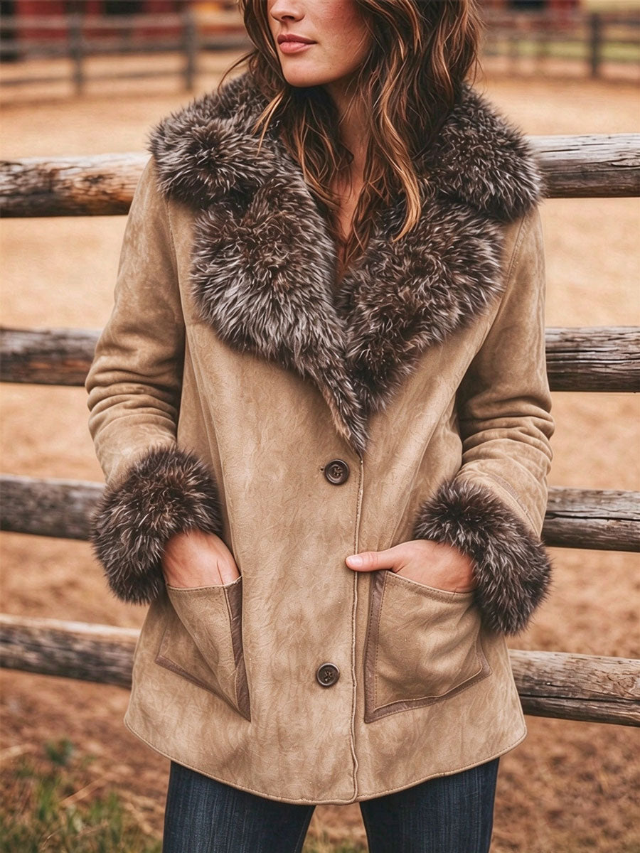 Women's Retro Suede Collar Mid-Length Coat