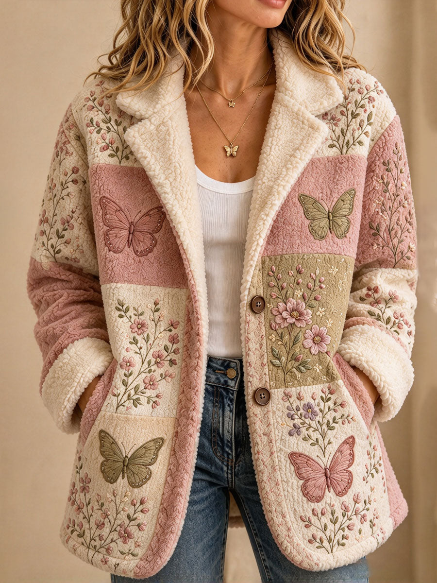 Women'S Butterfly and Floral-Themed Vintage Patchwork Sheepskin Coat
