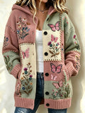 Women'S Retro Floral & Butterfly Pattern Casual Hooded Long Cardigan