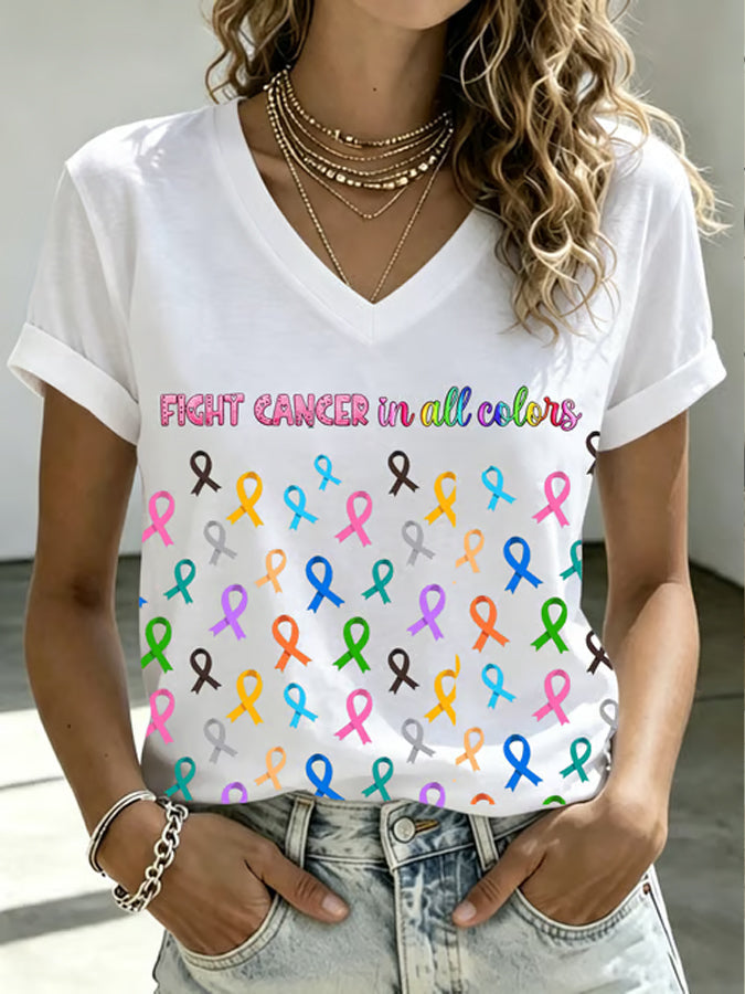 Women'S Fight Cancer In All Colors Print Short-Sleeve T-Shirt