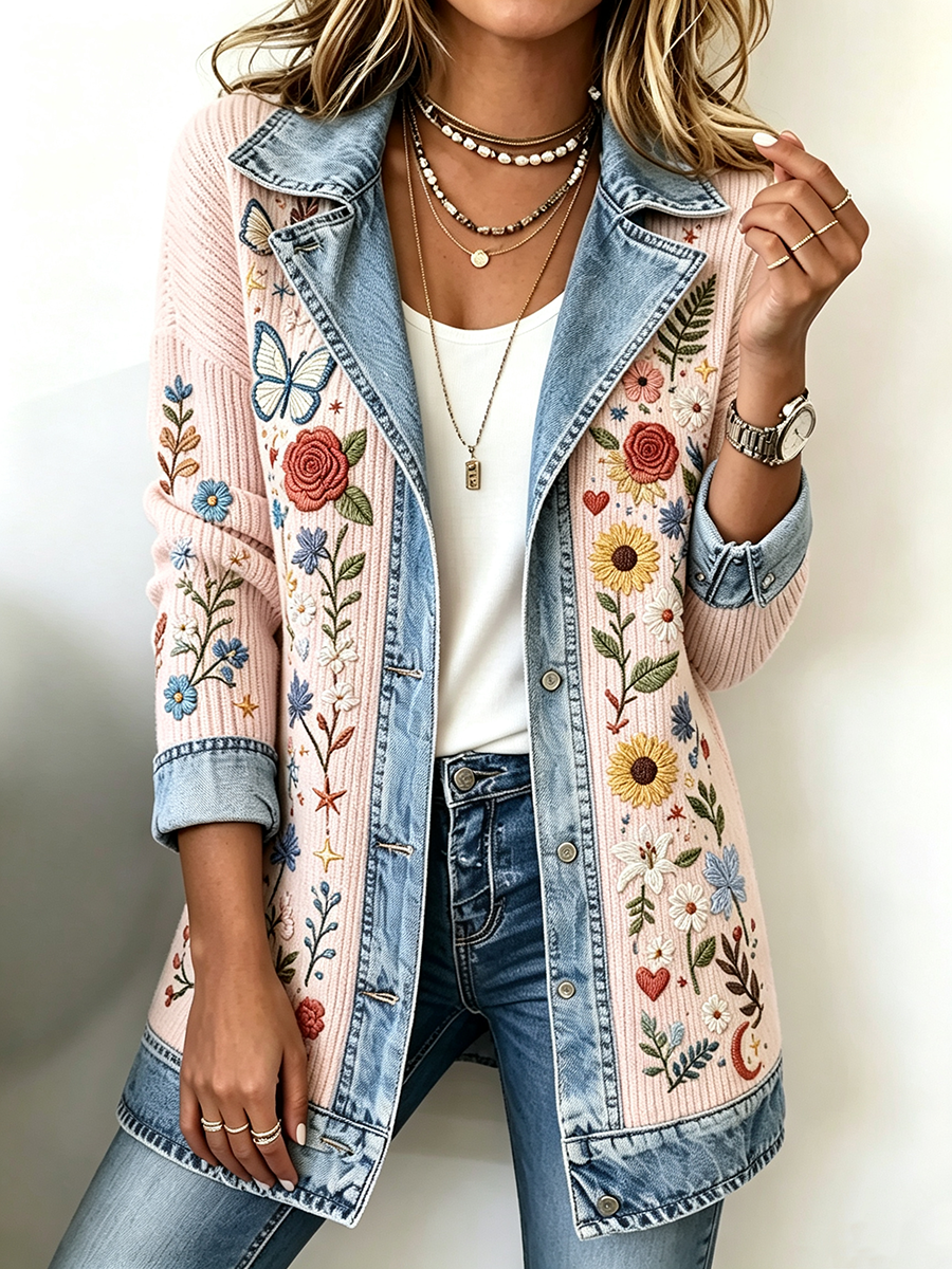 Women's Patchwork Art Denim Collar Jacket