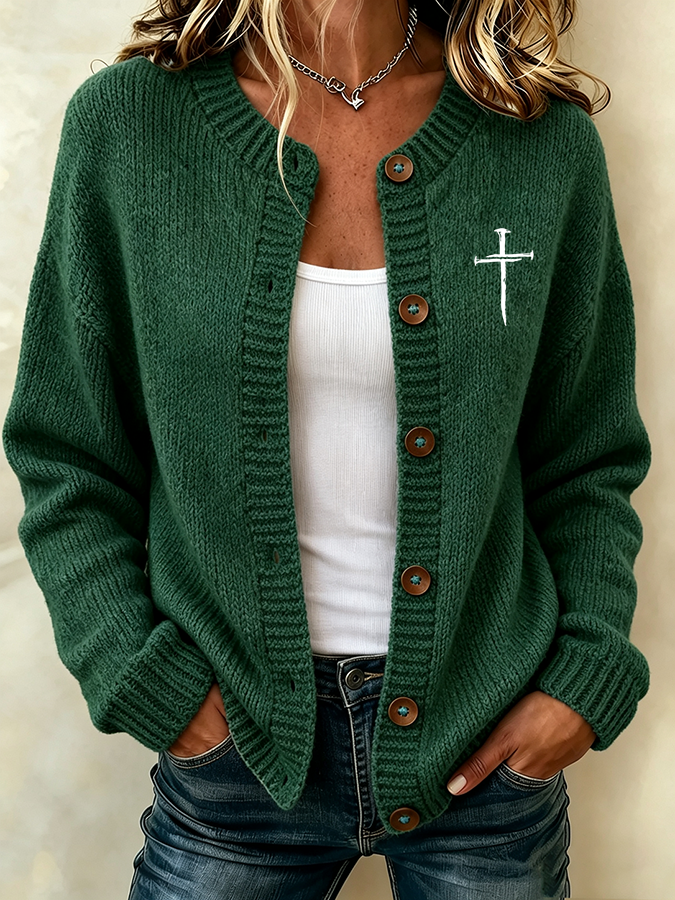 Women's Faith Cross Print Knit Cardigan