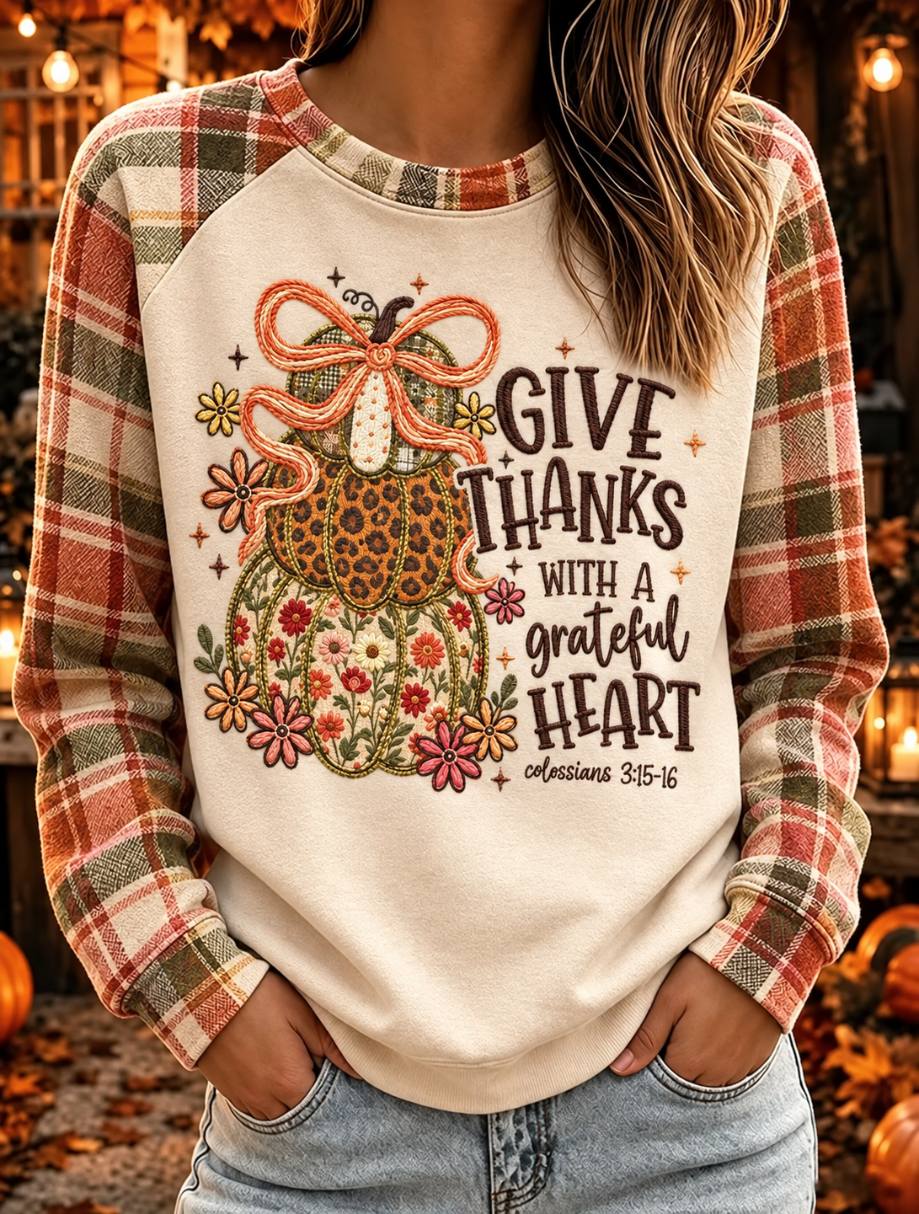 Women's Give Thanks Grateful Heart Plaid Sleeve Pumpkin Sweatshirt