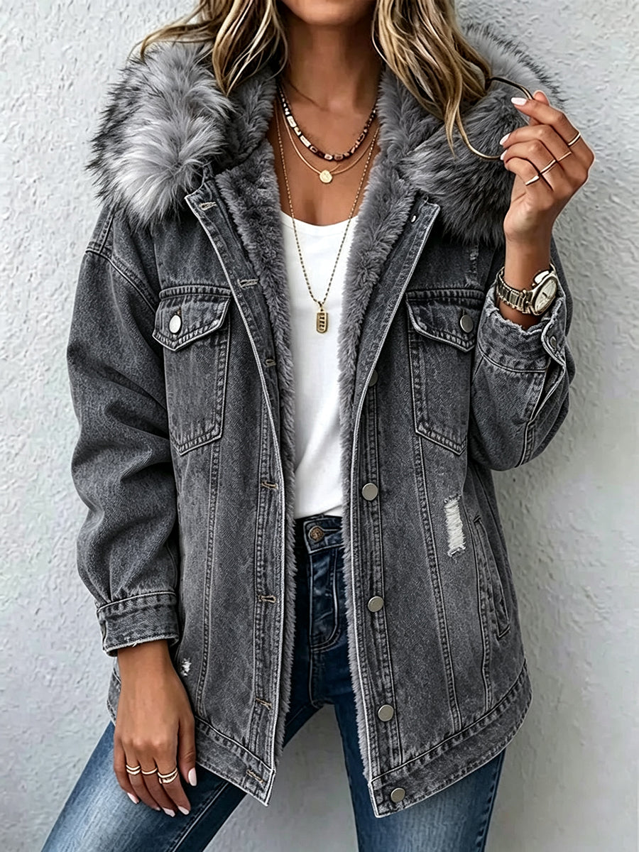 Casual, Warm, Distressed Denim Jacket With A Faux-fur Lining And Hood
