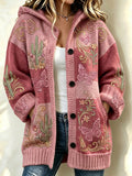 Women'S Butterfly & Floral Pattern Casual Hooded Long Cardigan