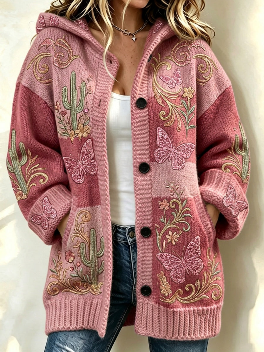 Women'S Butterfly & Floral Pattern Casual Hooded Long Cardigan