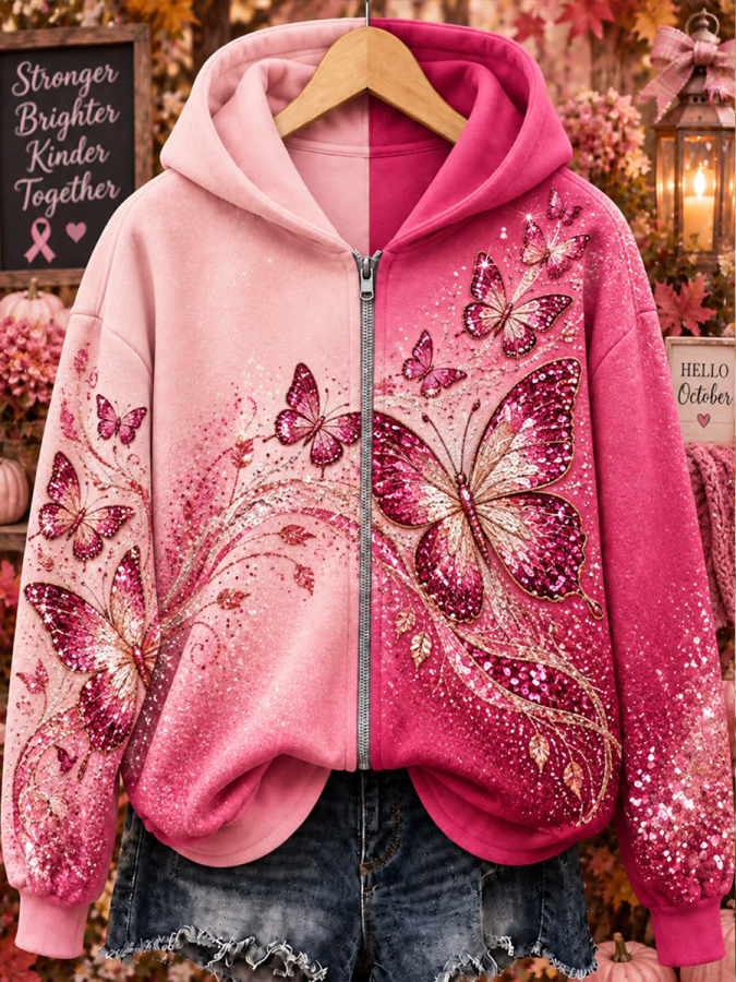 Women'S Pink Butterfly Breast Cancer Awareness Print Casual Zip Hoodie