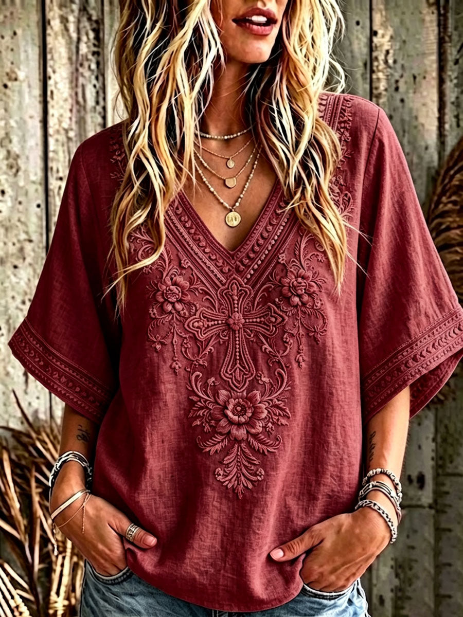 Women'S Cotton And Linen Floral Faith Casual Top