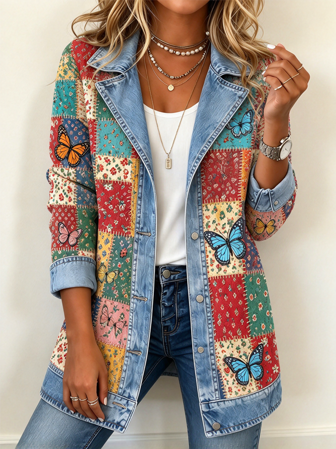 Women's Tennessee Country-Style Patchwork Denim Collar Jacket