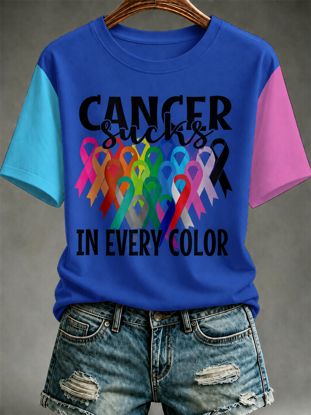 Women All Cancer Ribbons Awareness T-Shirt Cancer Sucks Print