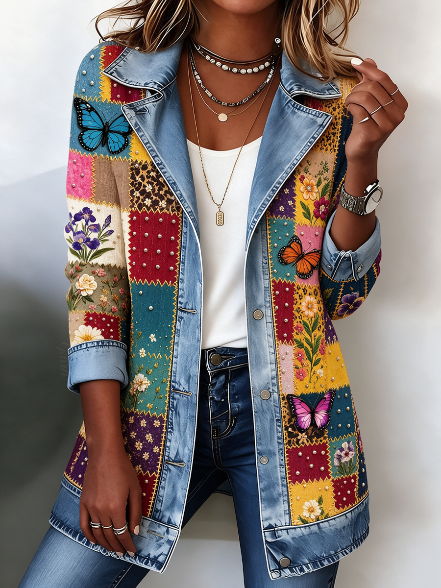 Women'S Patchwork Art Denim Collar Jacket
