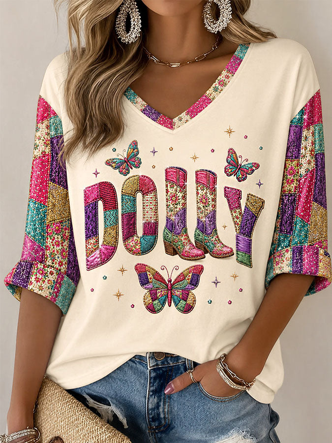 Women's  Commemorative Printed Casual V Neck Top