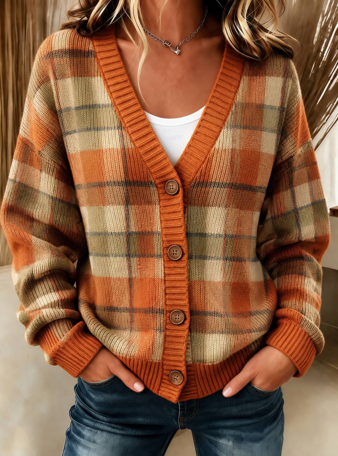 Women's Rust Plaid V-Neck Button Knit Cardigan