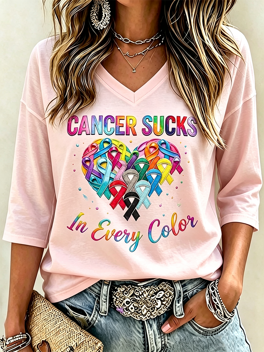 Women's Fight Cancer In All Colors Cancer Awareness Print T-shirt