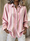 Women's Pink striped Print Lapel Long Sleeve Shirt