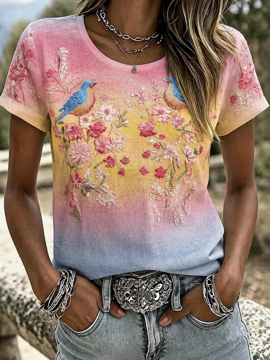 Women's Casual Floral Crew Neck Short Sleeve T-shirt