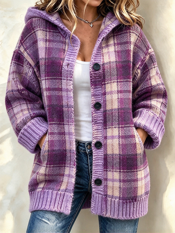 Women's Retro Checkered Knitted Cardigan