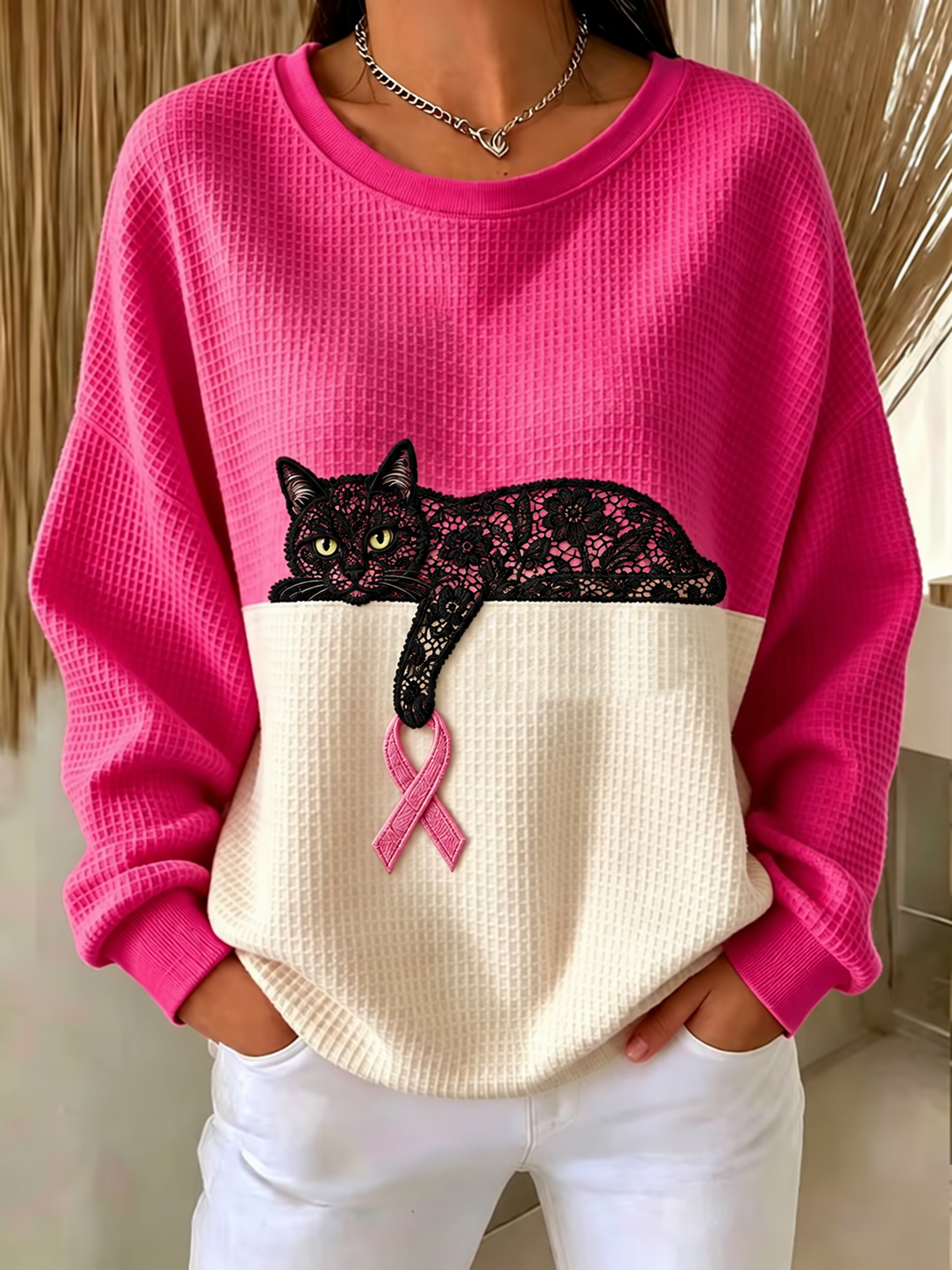 Women'S Pink Ribbon Cat Printed Casual Sweatshirt