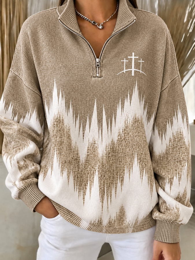 Women'S Geometric Stand-Up Collar Casual Long-Sleeved Sweatshirt For Spring And Autumn