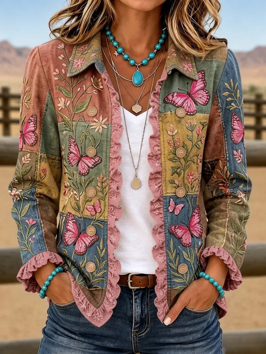 Women'S Retro Floral & Butterfly Pattern Casual Ruffled Jacket