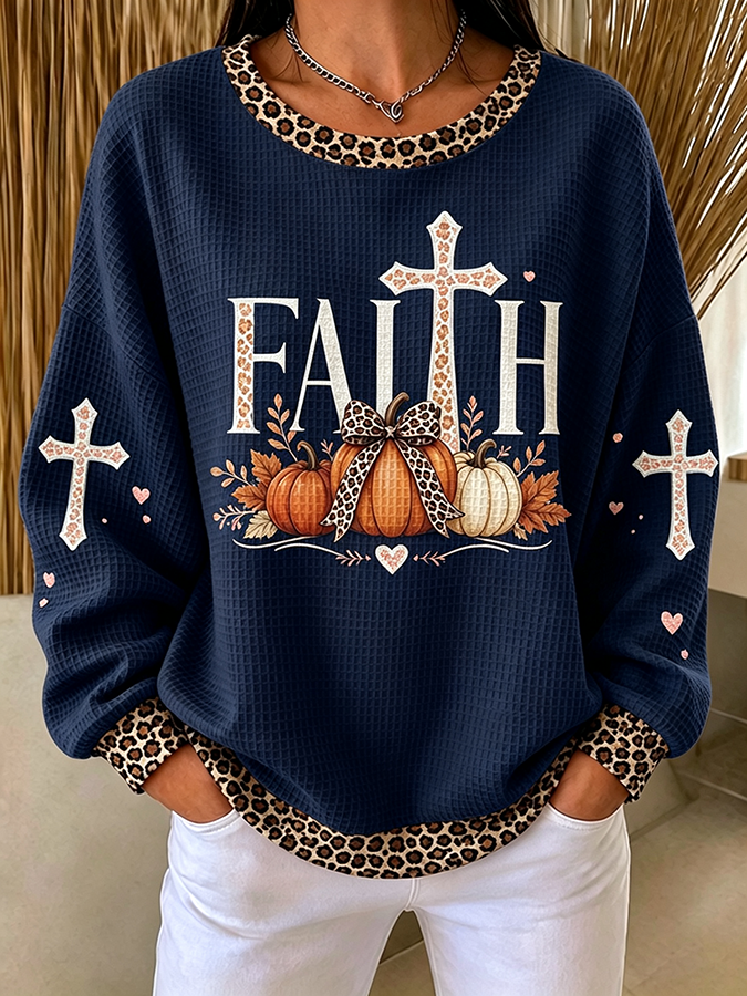 Women'S Faith Cross Printed Casual Waffle Sweatshirt