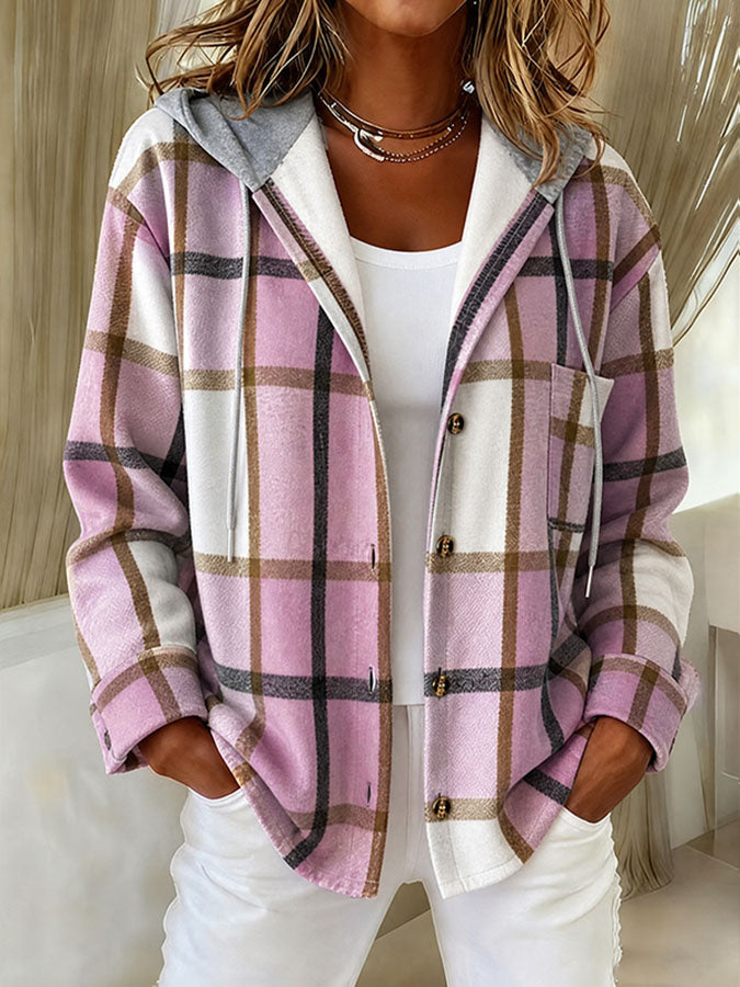 Women'S Large Checkered Autumn And Winter Hooded Jacket