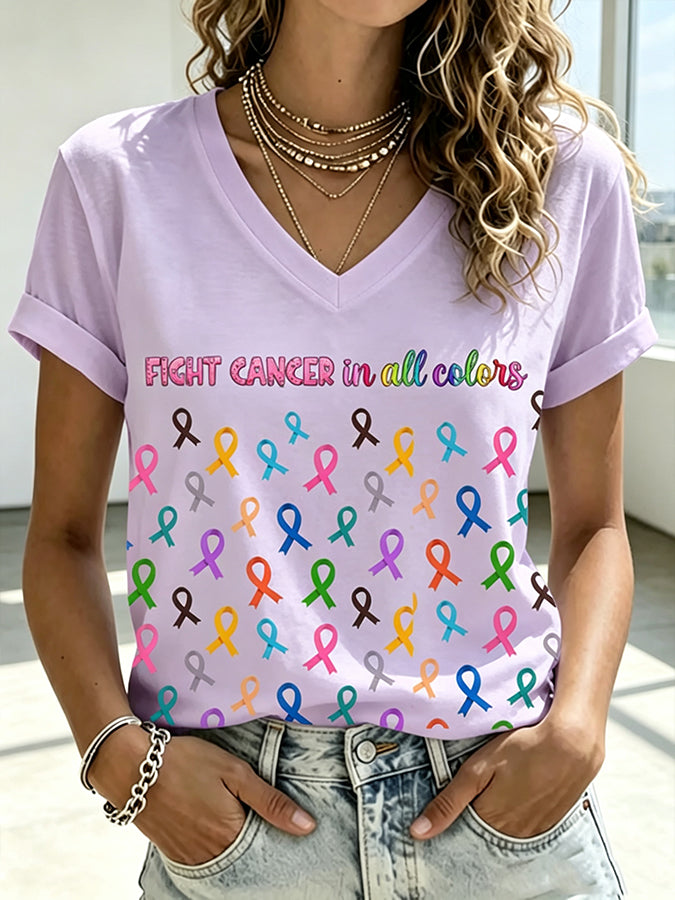 Women'S Fight Cancer In All Colors Print Short-Sleeve T-Shirt