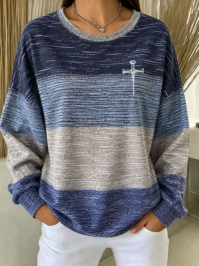 Women'S Casual Gradient Faith Cross Printing Knitted Sweatshirt