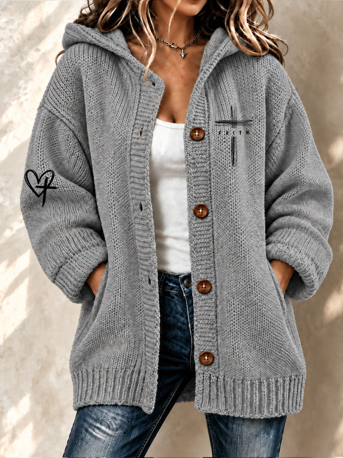 Women's Faith Cross Printed Knitted Cardigan
