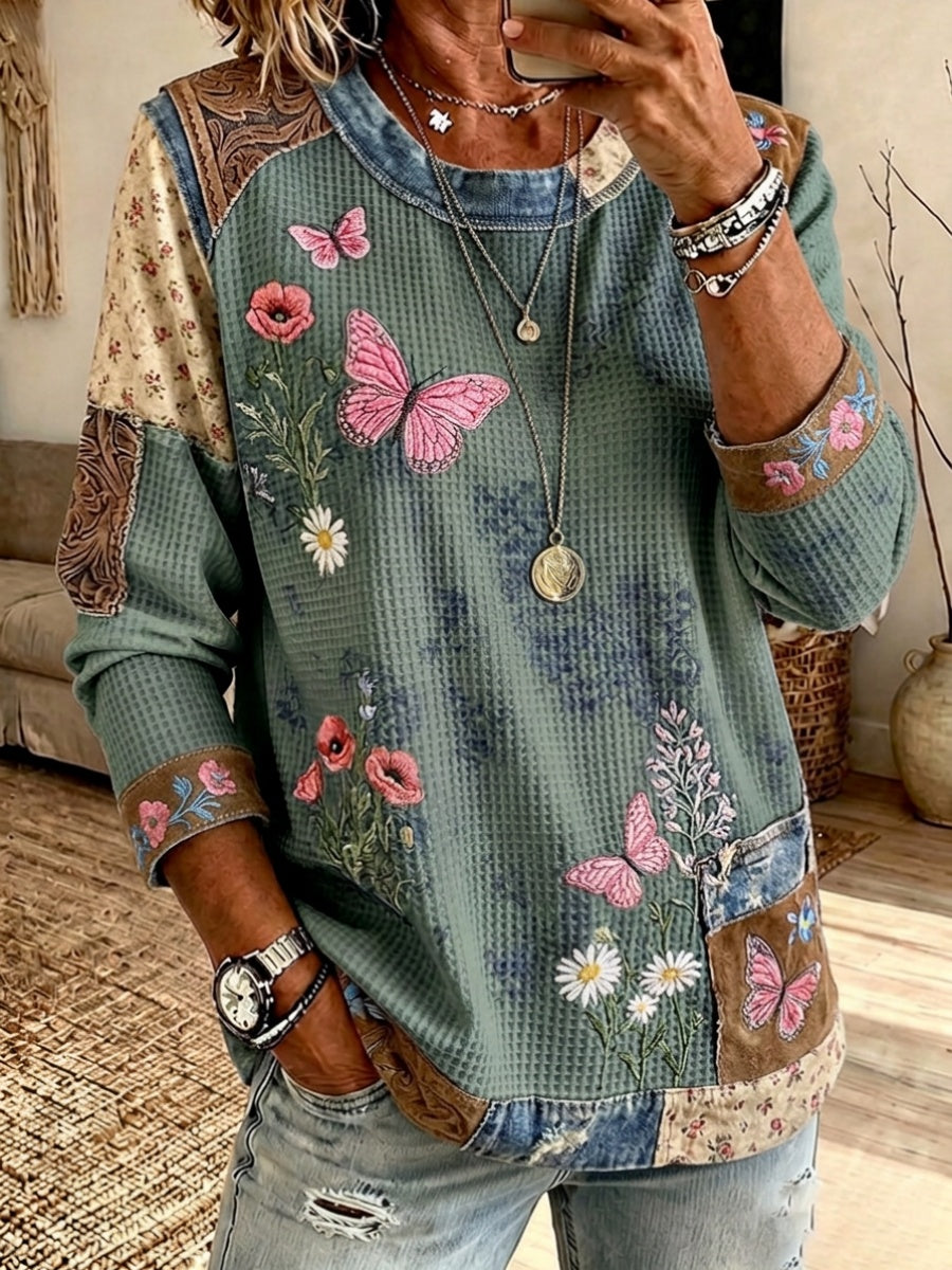 Women'S Retro Floral & Butterfly Pattern Casual Long Sleeve Top