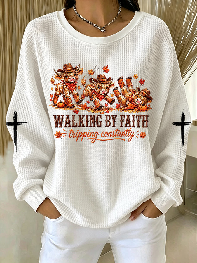 Women'S Walking by Faith Tripping Constantly Printed Waffle Sweatshirt
