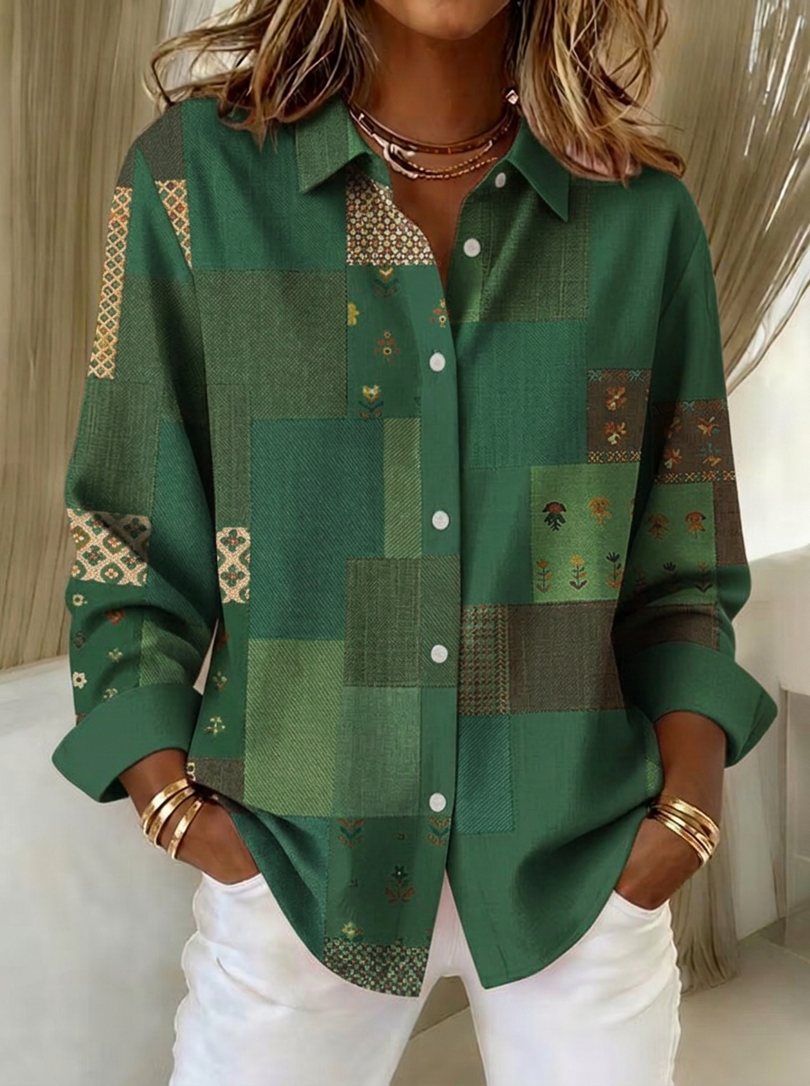 Women's Autumn Boho Patchwork Floral Printed Button-up Shirt
