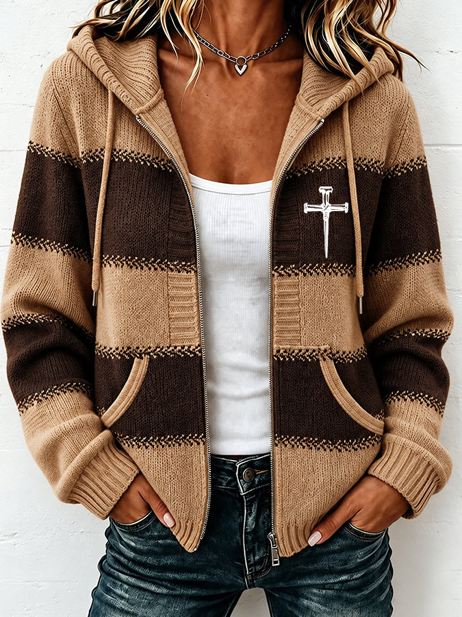 Women'S Casual Striped Faith Hooded Zipper Jacket