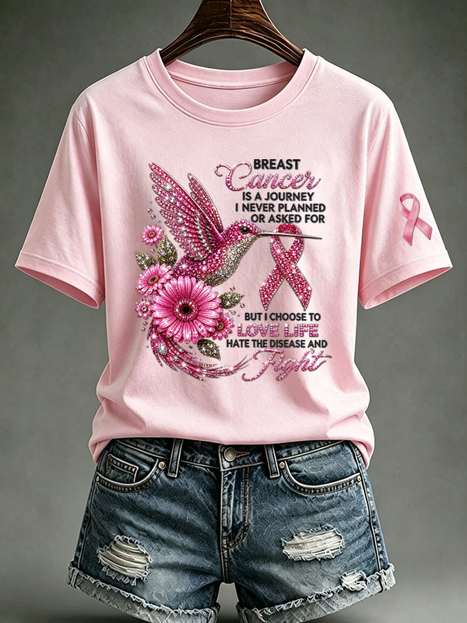 Women'S Casual Pink Hummingbird Printed T-Shirt