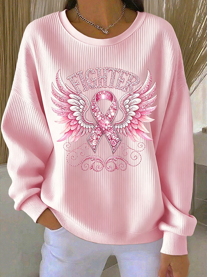 Women'S Rhinestone Breast Cancer Heart Ribbon  Print Casual Texture Sportswear