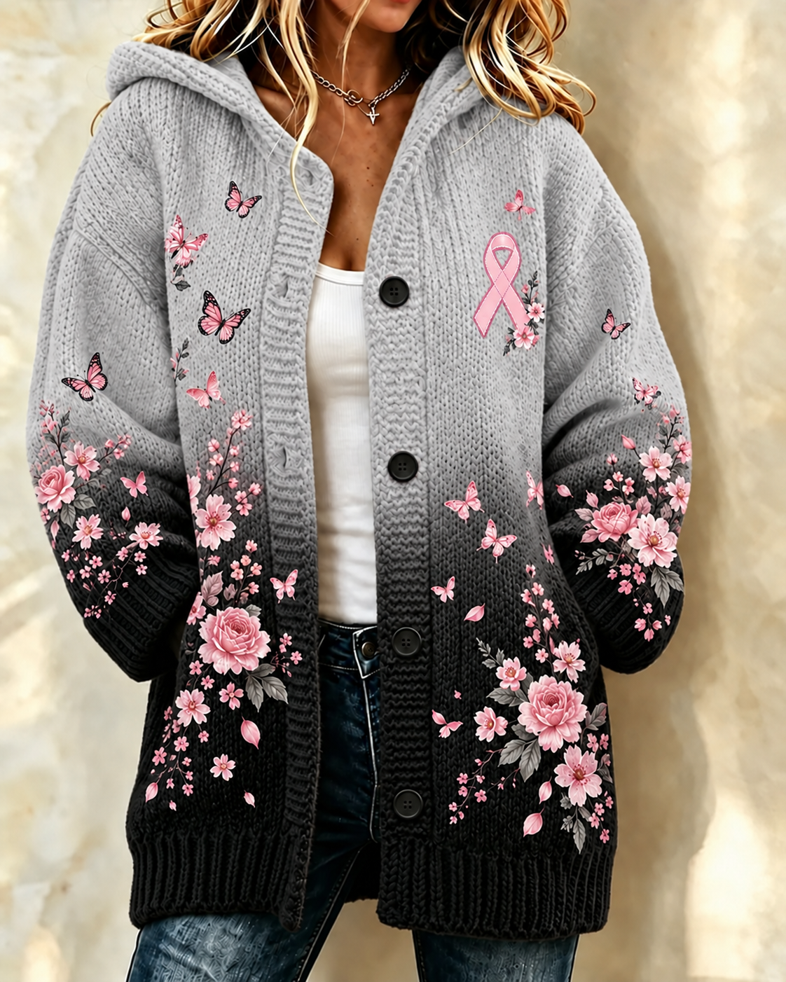 Women'S Plant Pollen Red Breast Cancer Promotion Prevention Printed Casual Cardigan