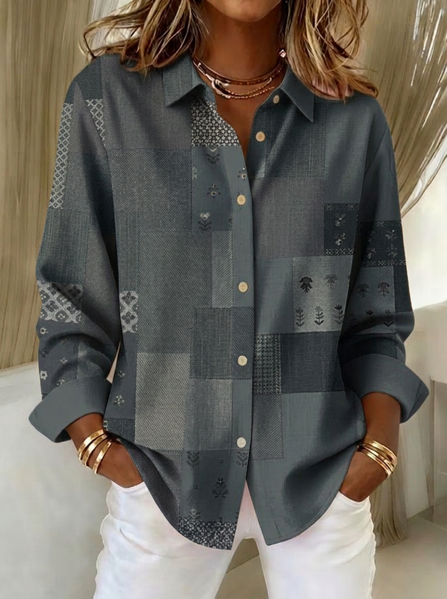 Women's Autumn Boho Patchwork Floral Printed Button-up Shirt