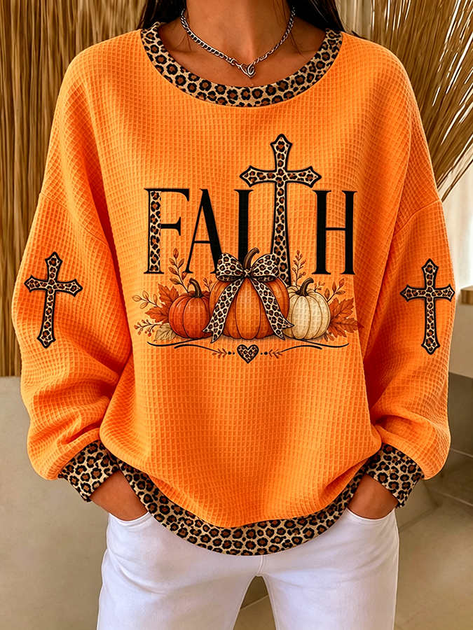 Women'S Faith Cross Printed Casual Waffle Sweatshirt