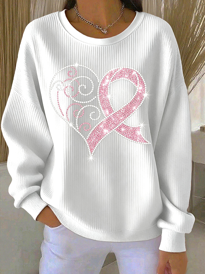 Women'S Rhinestone Breast Cancer Heart Ribbon  Print Casual Texture Sportswear